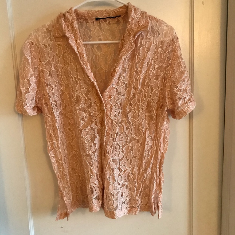 Blush pink vintage lace button up top L